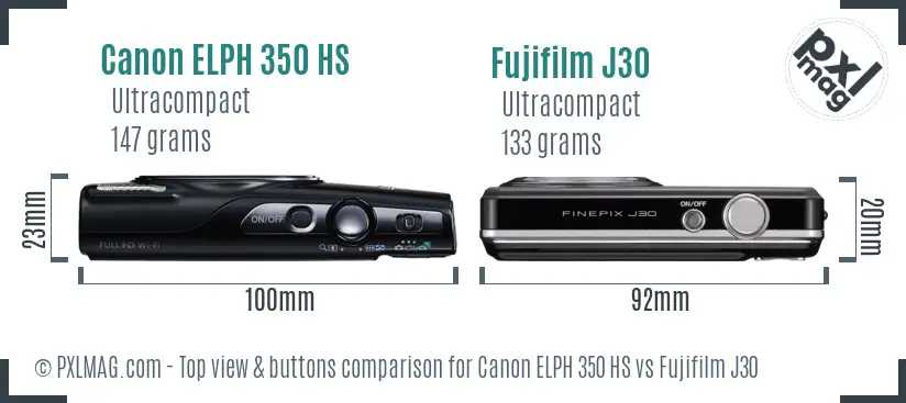 Canon ELPH 350 HS vs Fujifilm J30 top view buttons comparison