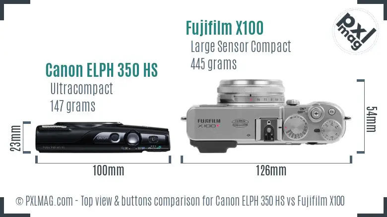 Canon ELPH 350 HS vs Fujifilm X100 top view buttons comparison