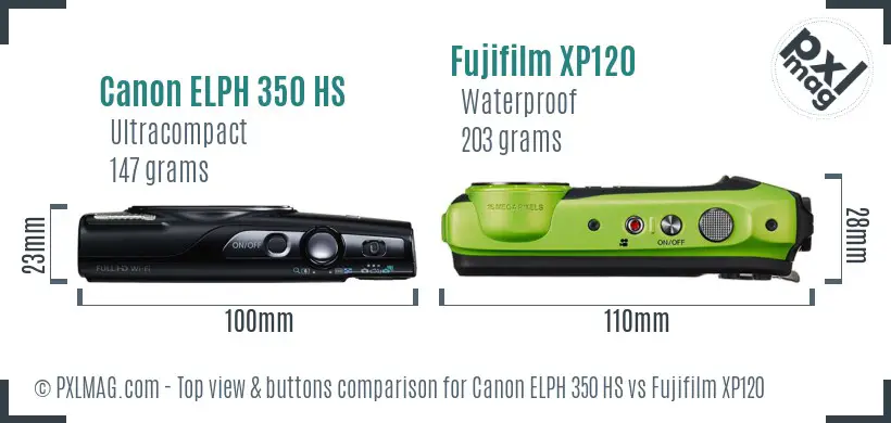 Canon ELPH 350 HS vs Fujifilm XP120 top view buttons comparison