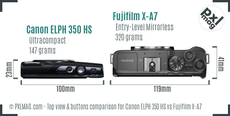 Canon ELPH 350 HS vs Fujifilm X-A7 top view buttons comparison
