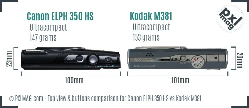 Canon ELPH 350 HS vs Kodak M381 top view buttons comparison
