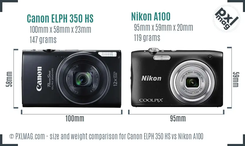 Canon ELPH 350 HS vs Nikon A100 size comparison