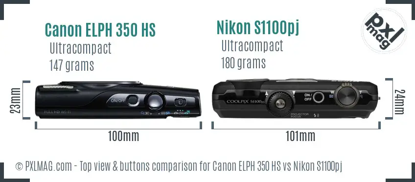 Canon ELPH 350 HS vs Nikon S1100pj top view buttons comparison