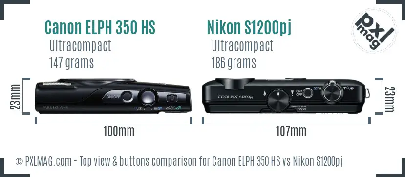Canon ELPH 350 HS vs Nikon S1200pj top view buttons comparison