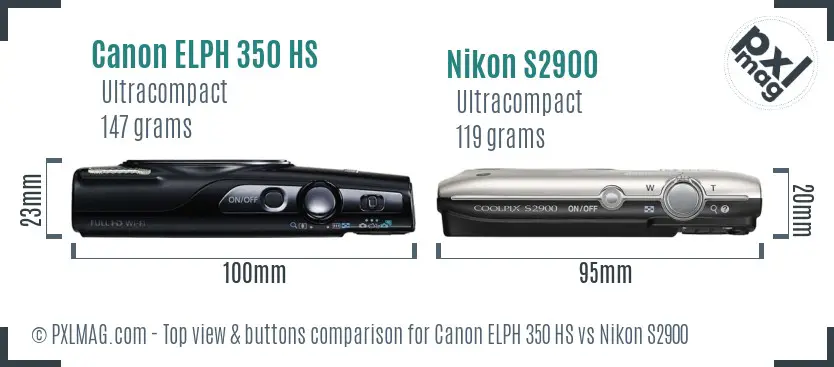 Canon ELPH 350 HS vs Nikon S2900 top view buttons comparison