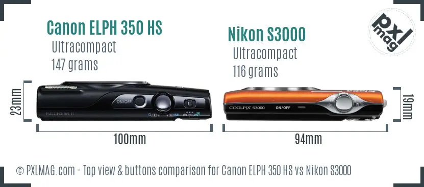 Canon ELPH 350 HS vs Nikon S3000 top view buttons comparison