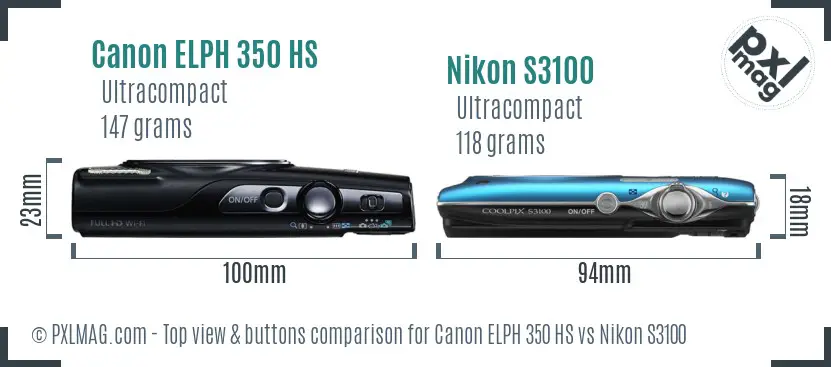 Canon ELPH 350 HS vs Nikon S3100 top view buttons comparison