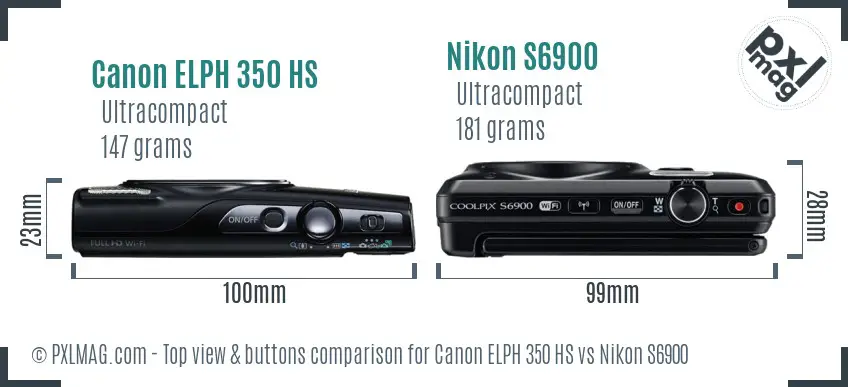 Canon ELPH 350 HS vs Nikon S6900 top view buttons comparison