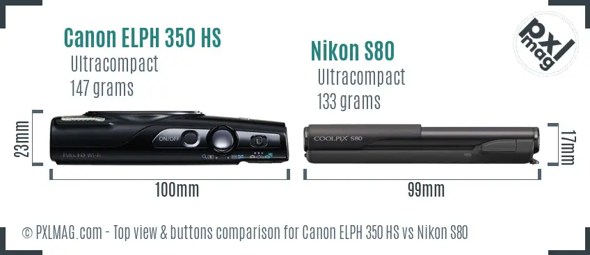 Canon ELPH 350 HS vs Nikon S80 top view buttons comparison