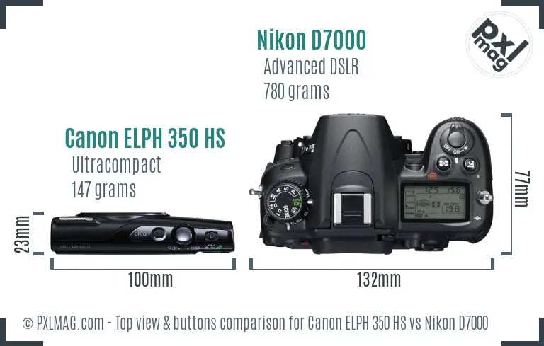 Canon ELPH 350 HS vs Nikon D7000 top view buttons comparison