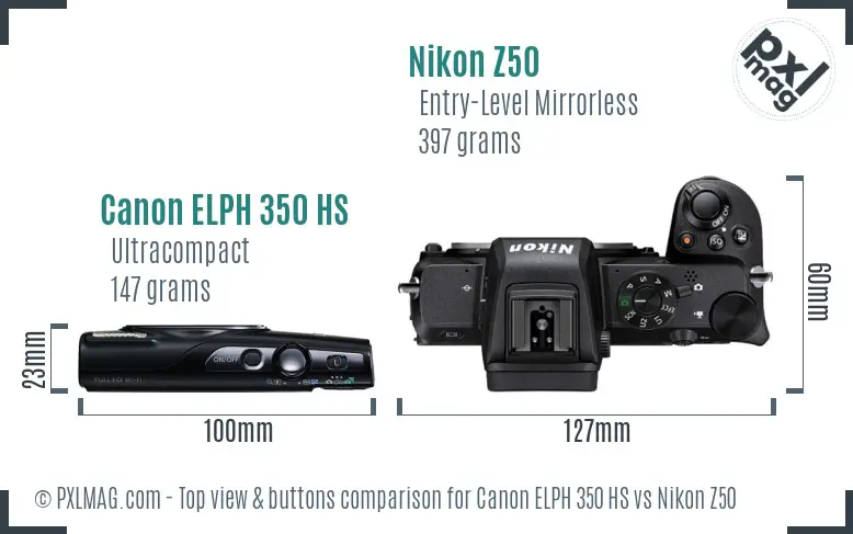 Canon ELPH 350 HS vs Nikon Z50 top view buttons comparison