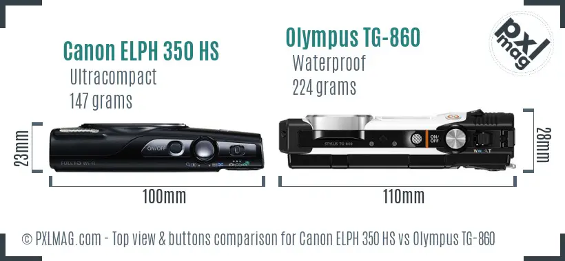 Canon ELPH 350 HS vs Olympus TG-860 top view buttons comparison Canon ELPH 350 HS vs Olympus TG-860 top view buttons comparison