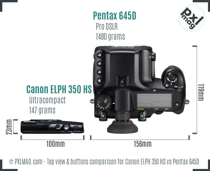 Canon ELPH 350 HS vs Pentax 645D top view buttons comparison