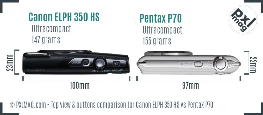 Canon ELPH 350 HS vs Pentax P70 top view buttons comparison