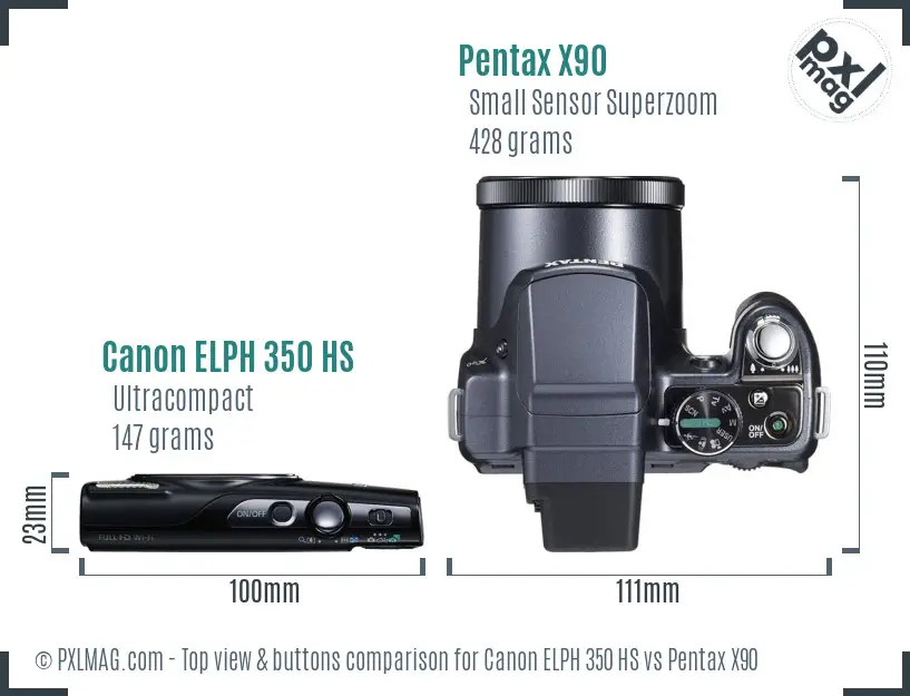 Canon ELPH 350 HS vs Pentax X90 top view buttons comparison