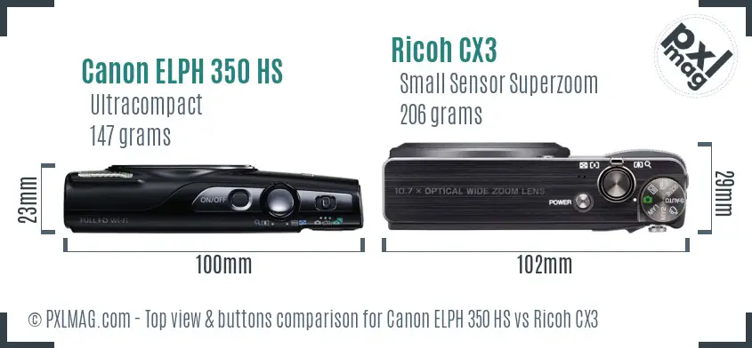 Canon ELPH 350 HS vs Ricoh CX3 top view buttons comparison