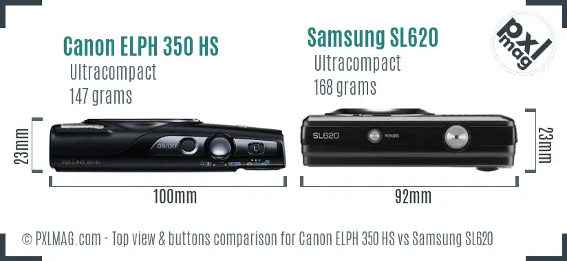 Canon ELPH 350 HS vs Samsung SL620 top view buttons comparison