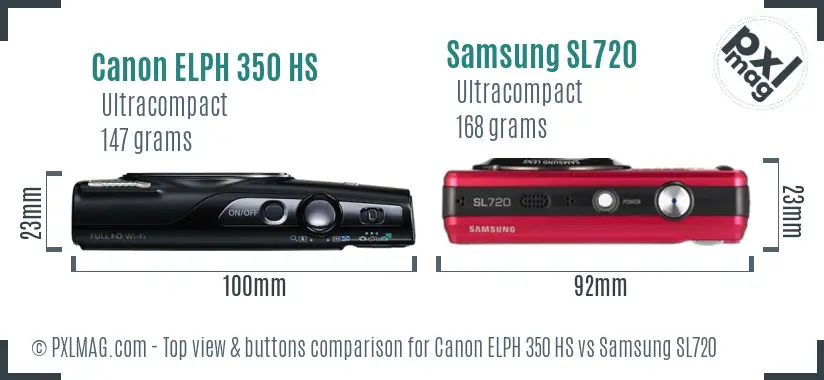 Canon ELPH 350 HS vs Samsung SL720 top view buttons comparison
