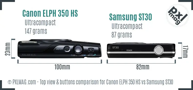 Canon ELPH 350 HS vs Samsung ST30 top view buttons comparison