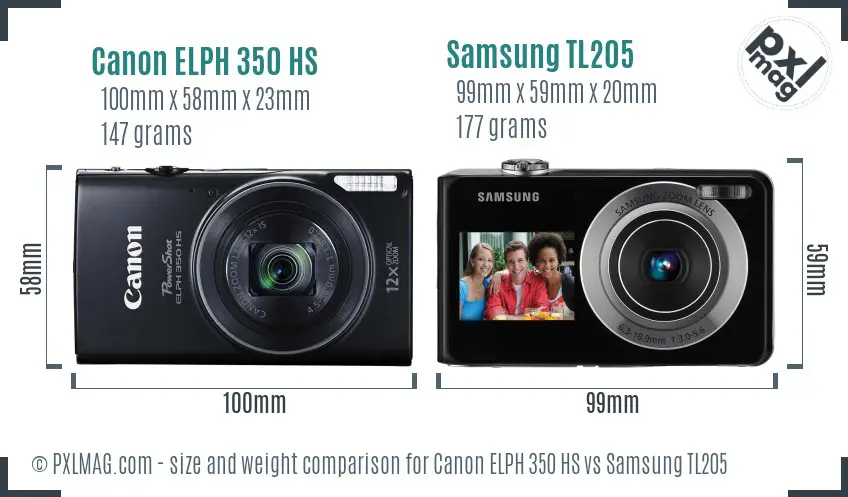 Canon ELPH 350 HS vs Samsung TL205 size comparison