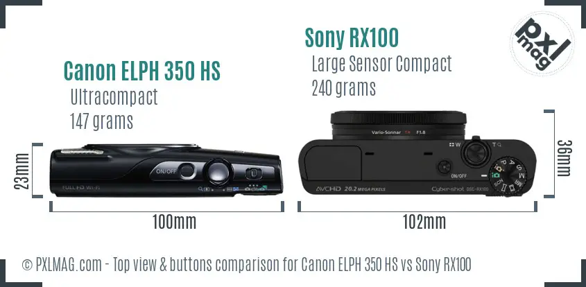 Canon ELPH 350 HS vs Sony RX100 top view buttons comparison