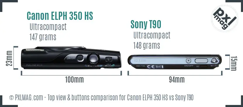 Canon ELPH 350 HS vs Sony T90 top view buttons comparison