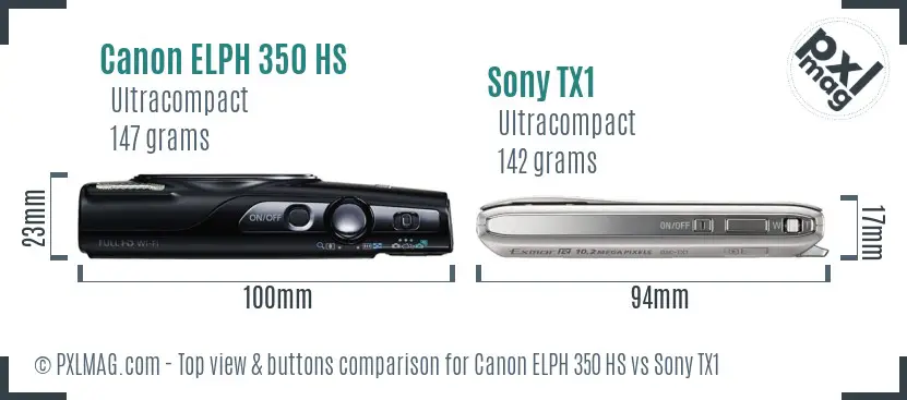 Canon ELPH 350 HS vs Sony TX1 top view buttons comparison