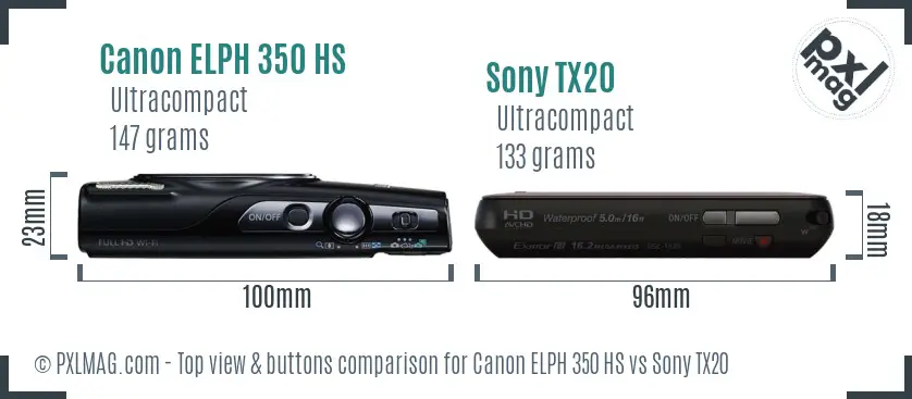 Canon ELPH 350 HS vs Sony TX20 top view buttons comparison