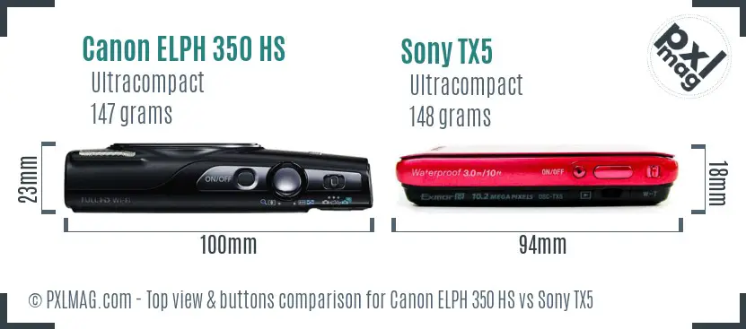 Canon ELPH 350 HS vs Sony TX5 top view buttons comparison