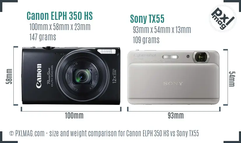 Canon ELPH 350 HS vs Sony TX55 size comparison