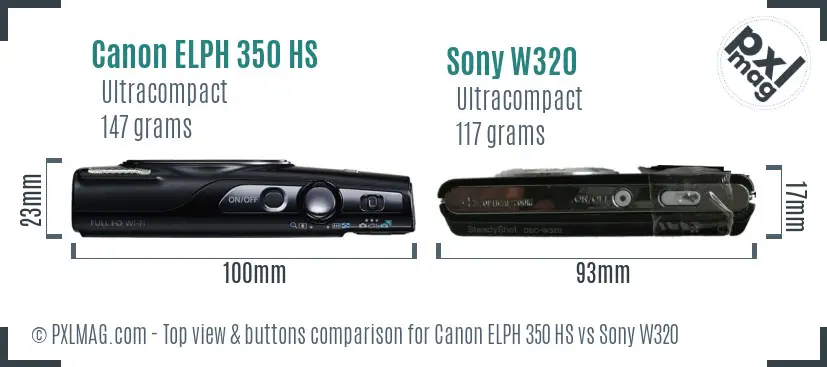 Canon ELPH 350 HS vs Sony W320 top view buttons comparison