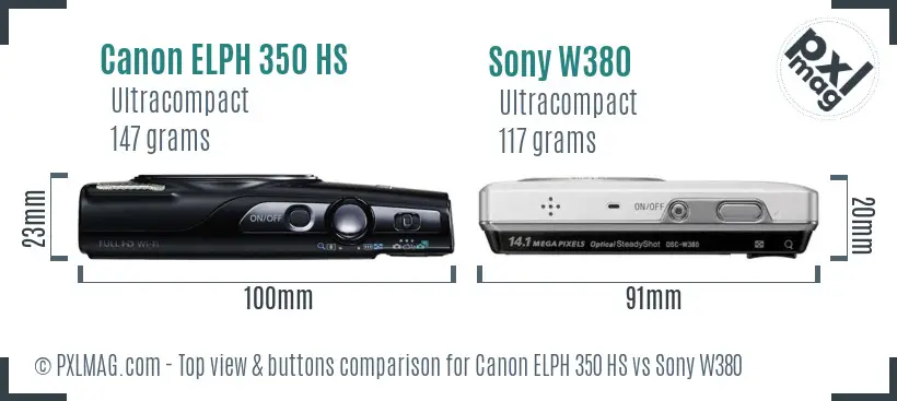 Canon ELPH 350 HS vs Sony W380 top view buttons comparison