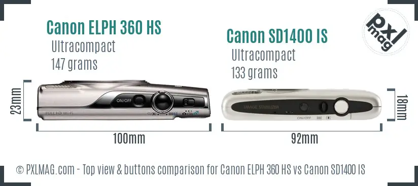 Canon ELPH 360 HS vs Canon SD1400 IS top view buttons comparison