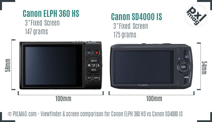 Canon ELPH 360 HS vs Canon SD4000 IS Screen and Viewfinder comparison