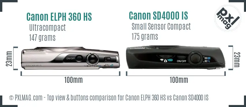 Canon ELPH 360 HS vs Canon SD4000 IS top view buttons comparison