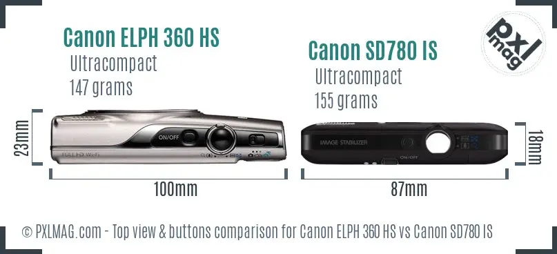 Canon ELPH 360 HS vs Canon SD780 IS top view buttons comparison