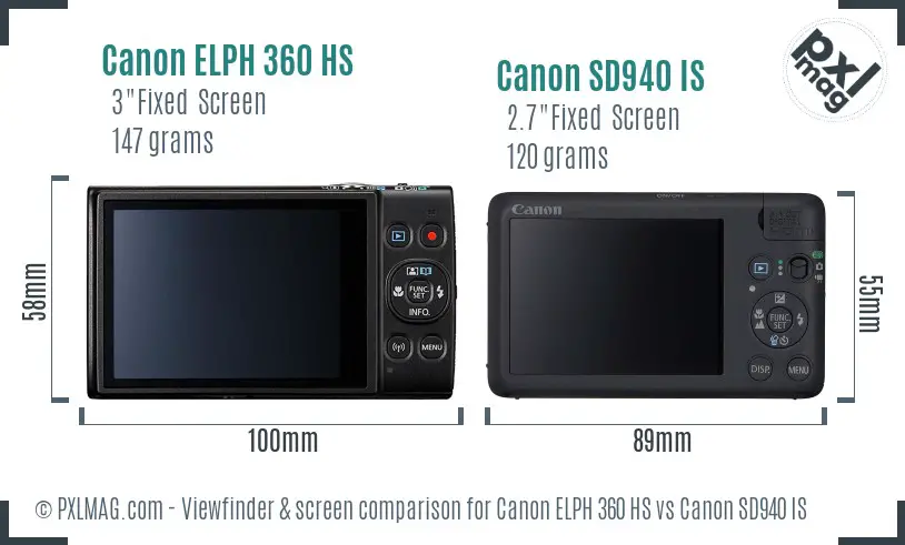 Canon ELPH 360 HS vs Canon SD940 IS Screen and Viewfinder comparison