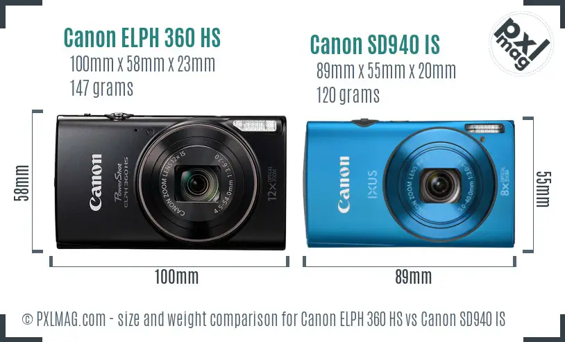 Canon ELPH 360 HS vs Canon SD940 IS size comparison
