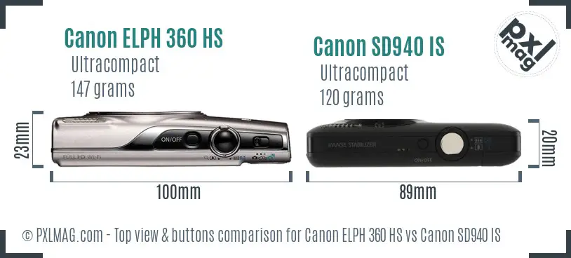 Canon ELPH 360 HS vs Canon SD940 IS top view buttons comparison