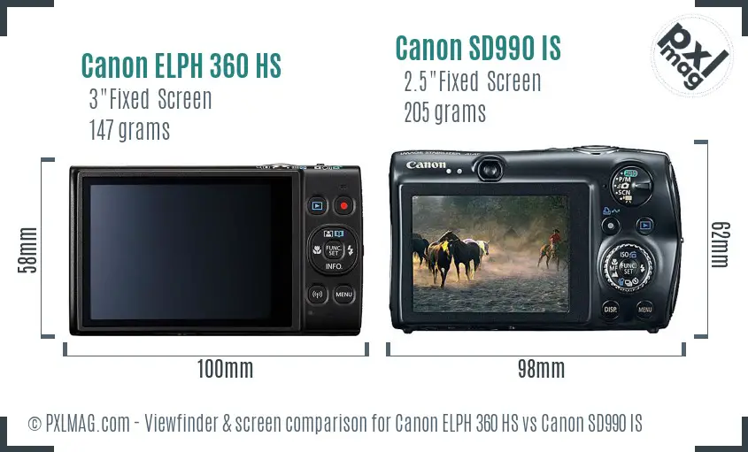 Canon ELPH 360 HS vs Canon SD990 IS Screen and Viewfinder comparison