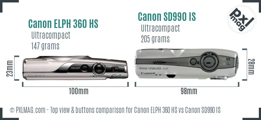 Canon ELPH 360 HS vs Canon SD990 IS top view buttons comparison