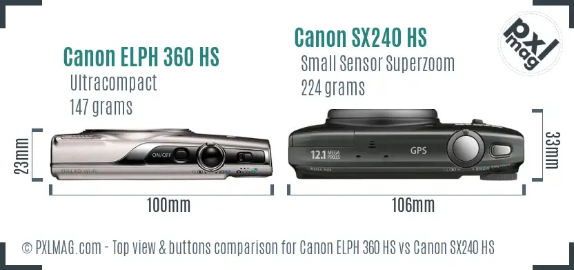Canon ELPH 360 HS vs Canon SX240 HS top view buttons comparison