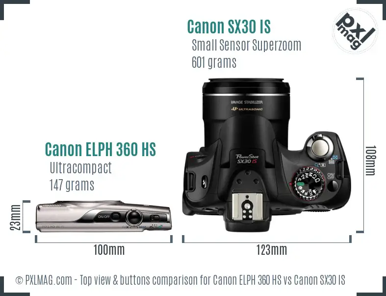 Canon ELPH 360 HS vs Canon SX30 IS top view buttons comparison