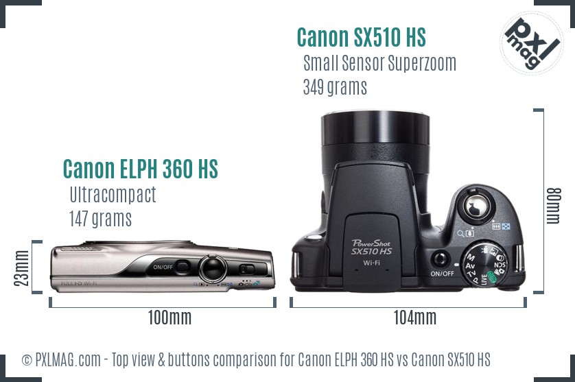 Canon ELPH 360 HS vs Canon SX510 HS top view buttons comparison