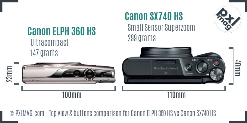 Canon ELPH 360 HS vs Canon SX740 HS top view buttons comparison