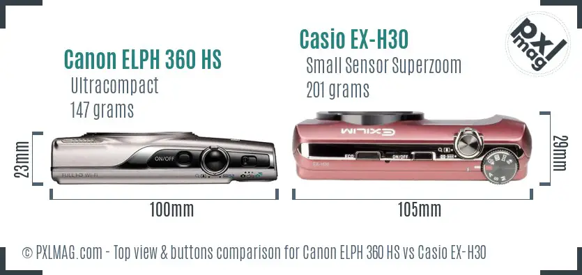Canon ELPH 360 HS vs Casio EX-H30 top view buttons comparison