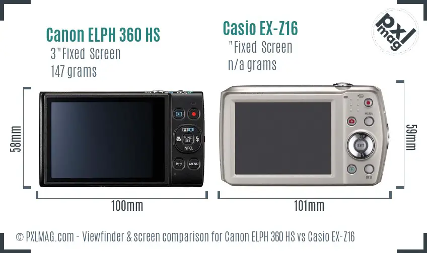 Canon ELPH 360 HS vs Casio EX-Z16 Screen and Viewfinder comparison