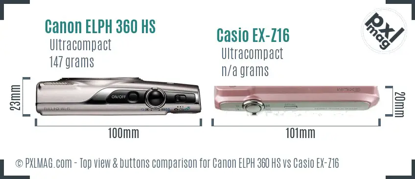 Canon ELPH 360 HS vs Casio EX-Z16 top view buttons comparison