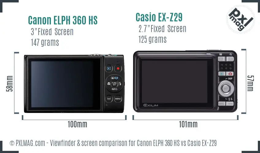Canon ELPH 360 HS vs Casio EX-Z29 Screen and Viewfinder comparison