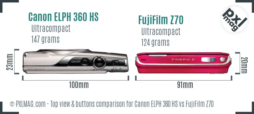 Canon ELPH 360 HS vs FujiFilm Z70 top view buttons comparison